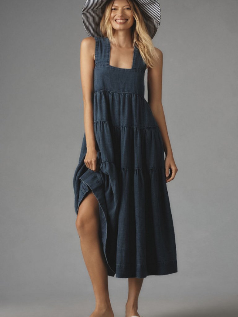Anthropologie Helena Square Neck Tiered Midi Dress Smocked Denim Xs